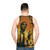 Max Roach, the legendary jazz drummer, in a stylish portrait design on a unisex tank top - men back