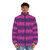Cheshire Cat inspired puffer jacket with striped design and cute feline details - men front
