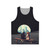 Unisex retrofuture tank top featuring a digital collage of a surreal landscape