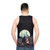 Unisex retrofuture tank top featuring a digital collage of a surreal landscape - men back