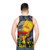 Unisex tank top with abstract art design of "Sleeping In A Hotel Built On Fear & Love" - men back