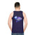 Whimsical unisex tank top with 'We Are All Mad Here' design featuring Alice in Wonderland's Cheshire Cat and night sky - men back