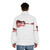 A red puffer jacket featuring a nature guitar and musical notes design - men back