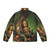 A green puffer jacket with a robotic charging port, surrounded by a lush forest - Back