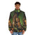 A green puffer jacket with a robotic charging port, surrounded by a lush forest - men front
