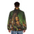 A green puffer jacket with a robotic charging port, surrounded by a lush forest - men back