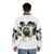 An image of an African wild dog wearing a warm puffer jacket - men back
