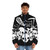 A stylish black puffer jacket featuring a cat skeleton design, perfect for embracing your dark side. - men front
