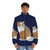 A vintage-inspired puffer jacket featuring a mythical cat from the legends of Burma - men front