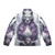 A realistic purple puffer jacket with a castle in the sky and wolves in a winter forest scene. - Back