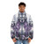 A realistic purple puffer jacket with a castle in the sky and wolves in a winter forest scene. - men front