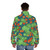 A puffer jacket featuring a vibrant nasturtium floral pattern in shades of orange, green, and blue. - men back