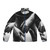Stylish black and white latex puffer jacket with a striking shallow depth of field effect