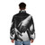 Stylish black and white latex puffer jacket with a striking shallow depth of field effect - men back
