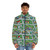 A 90s-inspired puffer jacket with a nostalgic toy car and city carpet road rug design - men front