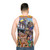 Unisex tank top with comic book-inspired superhero and sex toy design - men back