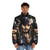 Captain Jack Sparrow inspired puffer jacket with distressed, splatter paint design - men front