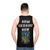 Unisex tank top in blue and yellow colors, featuring "Arm Ukraine Now" text and Ukrainian symbols - men back