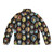 A puffer jacket featuring a photo montage of budgies (parakeets) wearing hats