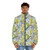 A puffer jacket featuring a photo montage of budgies (parakeets) wearing hats - men front