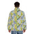 A puffer jacket featuring a photo montage of budgies (parakeets) wearing hats - men back