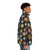 A puffer jacket featuring a photo montage of budgies (parakeets) wearing hats - men side right