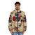 A puffer jacket with a digital art floral and butterfly design, representing broken beauty in a vintage grunge style. - men front