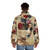 A puffer jacket with a digital art floral and butterfly design, representing broken beauty in a vintage grunge style. - men back