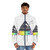 A colorful puffer jacket with a triangle and bird design, perfect for outdoor activities. - men front
