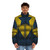 Booster Gold superhero art puffer jacket with bold comic book graphics - men front