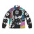 Boogie On Glam Rock Puffer Jacket featuring a halftone pattern, retro colors, and an electric guitar design inspired by music icon Marc Bolan.