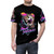 Vibrant graphic of an owl on a t-shirt with a synthwave, 80s inspired design - men front