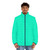 Bright and colorful neon puffer jacket in shades of blue, green, and turquoise - men front