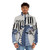 Blue dragon violinist puffer jacket with musical instrument and typography design - men front