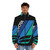 Blue and white striped puffer jacket with dragon design, perfect for Supra enthusiasts - men front