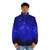 Blue puffer jacket with a minimalist gecko design - men front