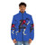 Blue elf superhero wearing a puffer jacket with powers and teleportation abilities - men front