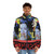 Blade Runner-inspired futuristic puffer jacket with neon blimp design - men front