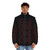 Stylish red puffer jacket with No More Heroes vector design - men front
