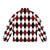 Black, white, and red harlequin puffer jacket with a classic diamond pattern design - Back