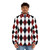 Black, white, and red harlequin puffer jacket with a classic diamond pattern design - men front