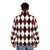 Black, white, and red harlequin puffer jacket with a classic diamond pattern design - men back
