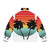 Black puffer jacket with vibrant orange, palm, and sunrise inspired design - Back