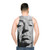 Unisex geometric tank top with Alfred Hitchcock minimalist graphic - men back
