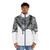 Black puffer jacket with keffiyeh pattern, waves, and tassels - men front