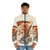 Retro-style puffer jacket featuring kaiju and croissant design - men front