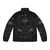 Black cat puffer jacket with occult and lunar motifs