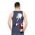 Unisex tank top with minimalist art of Pete Townshend's smashing guitar - men back