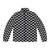 Black and white puffer jacket with a geometric fish scale pattern design