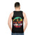 Unisex tank top with tree silhouette and sunset landscape - men back